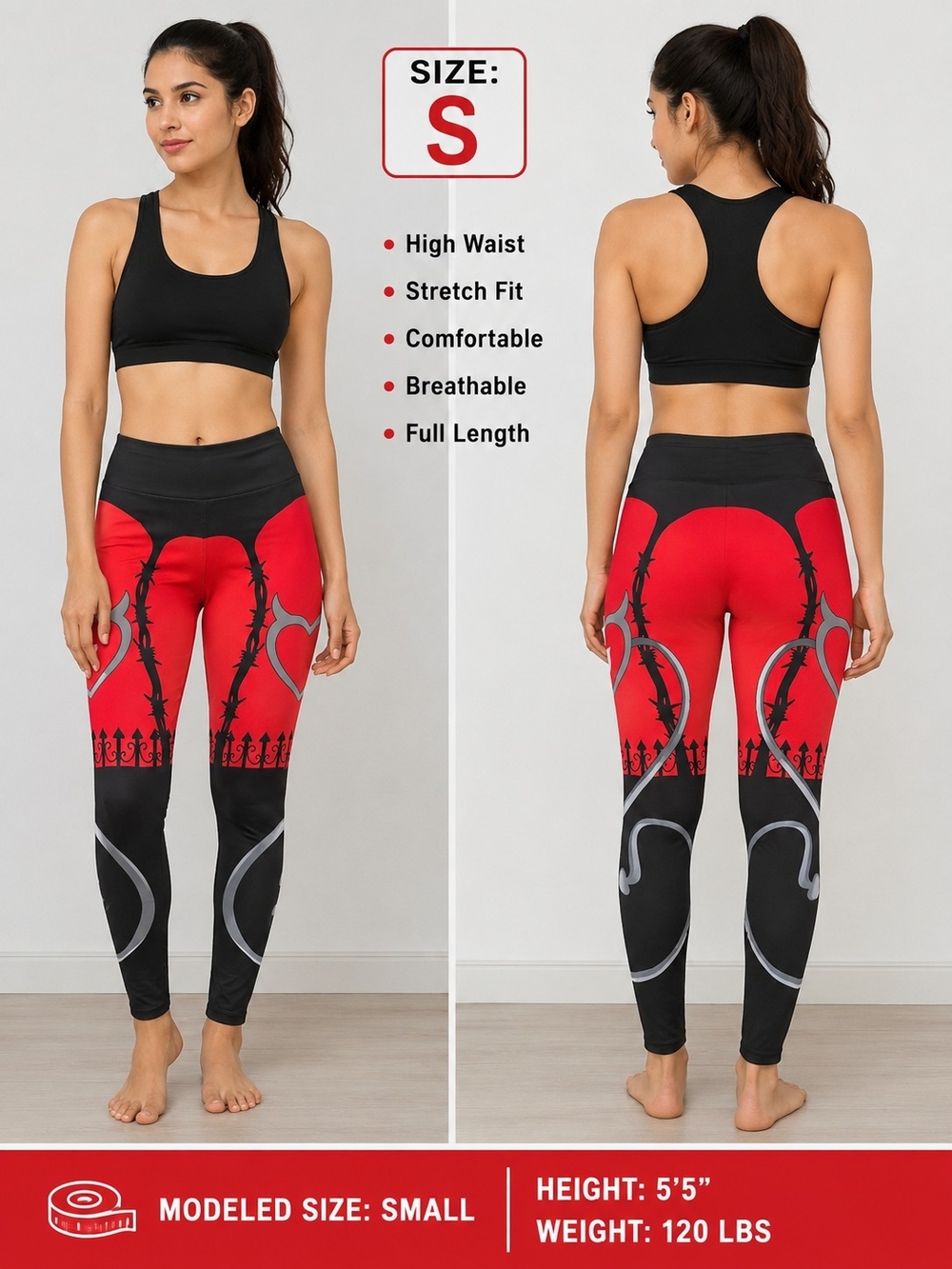 High-Waist Red & Black Heart Print Leggings - Brand